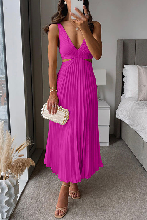 Women’s Pleated V Neck Evening Party Sleeveless Maxi Dress