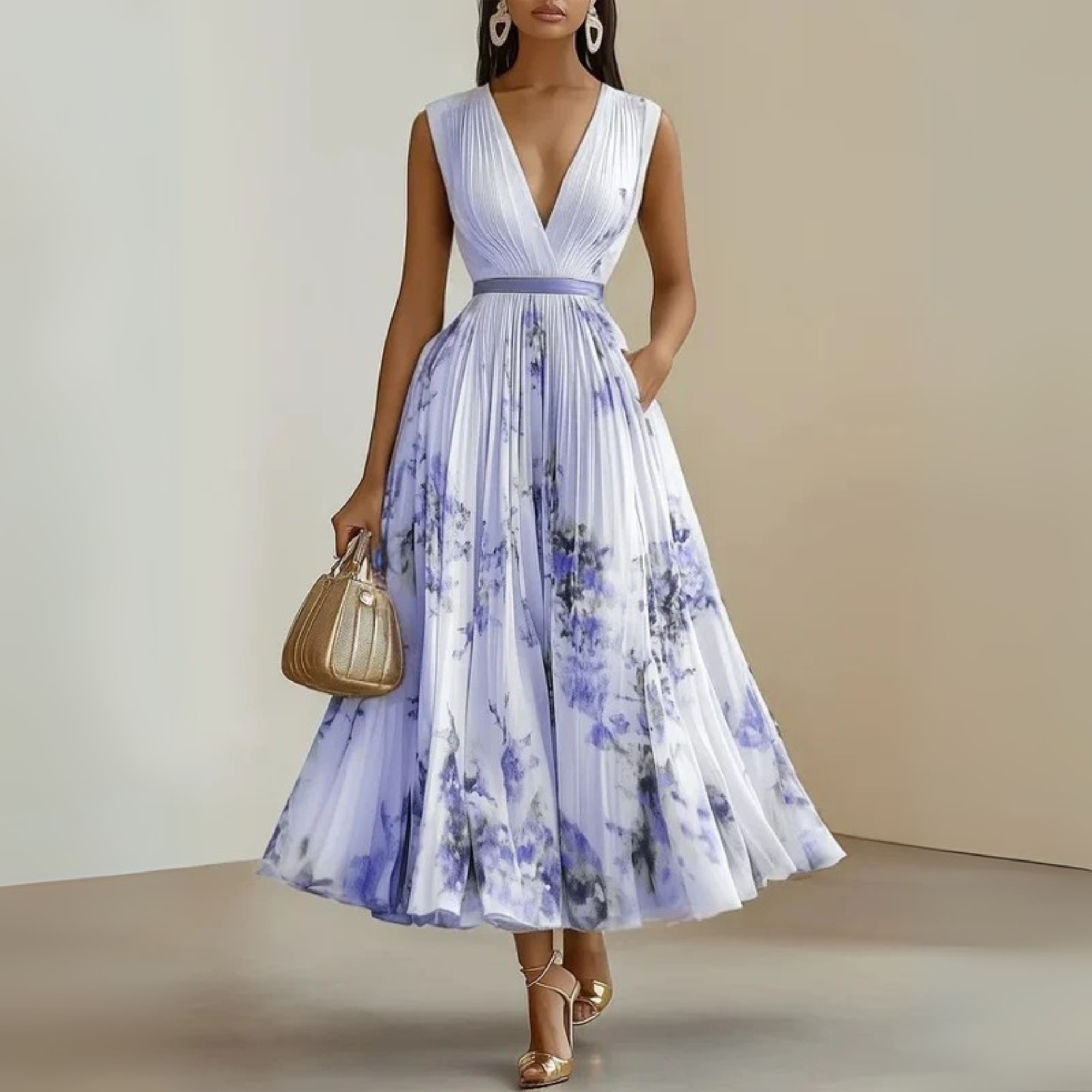 Women's Sleeveless Deep V-Neck Pleated Maxi Dress