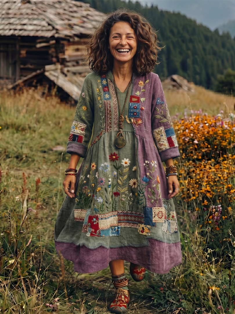 Women's Bohemian Floral Print Long Sleeve Midi Dress