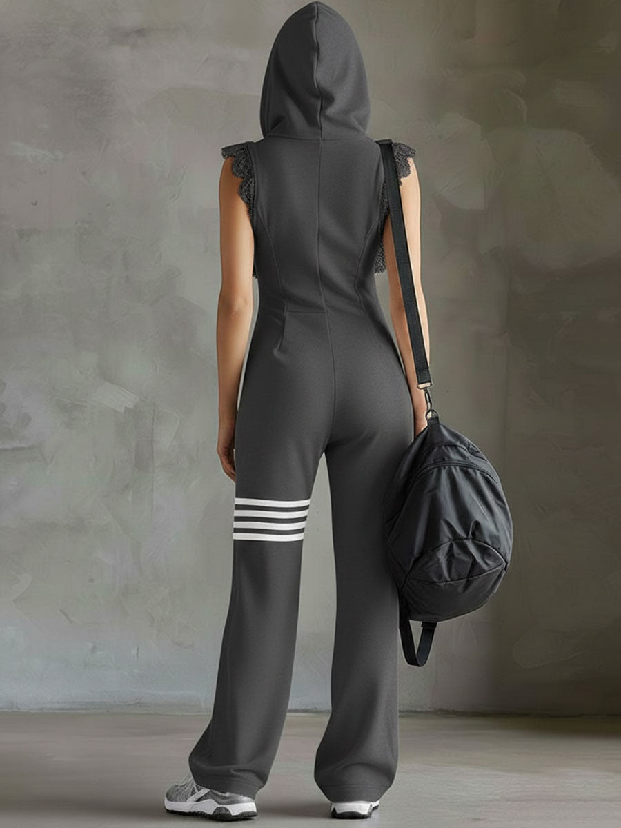 Women's Zip Front Wide Leg Jumpsuit with Sporty Stripe Detail