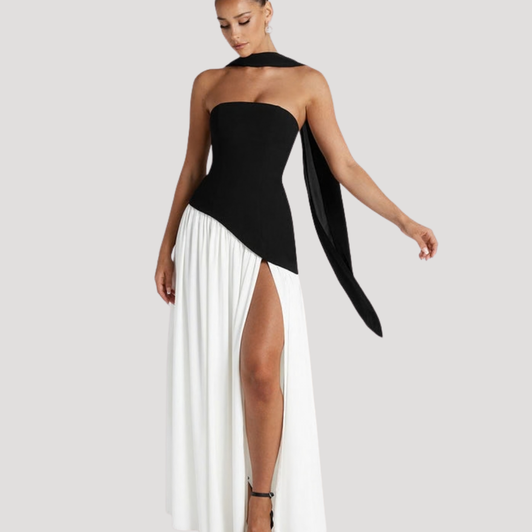Women's Strapless High-Slit Evening Maxi Dress with Scarf Detail