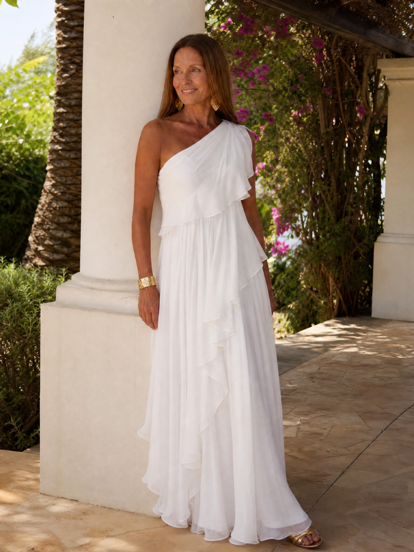 Women’s One Shoulder Maxi Dress with Layered Ruffle Skirt