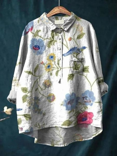 Women's Abstract Floral Long Sleeve Button-Front Blouse