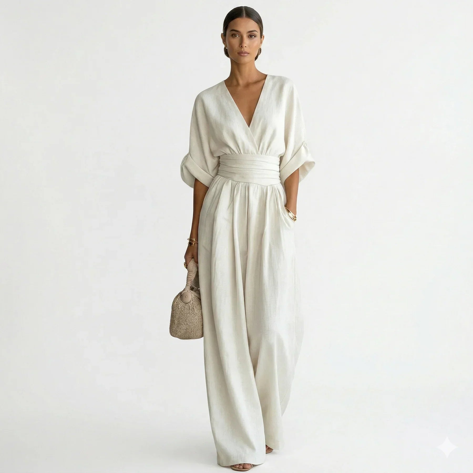 Women’s Wide Leg Jumpsuit with V-Neck and Draped Waist