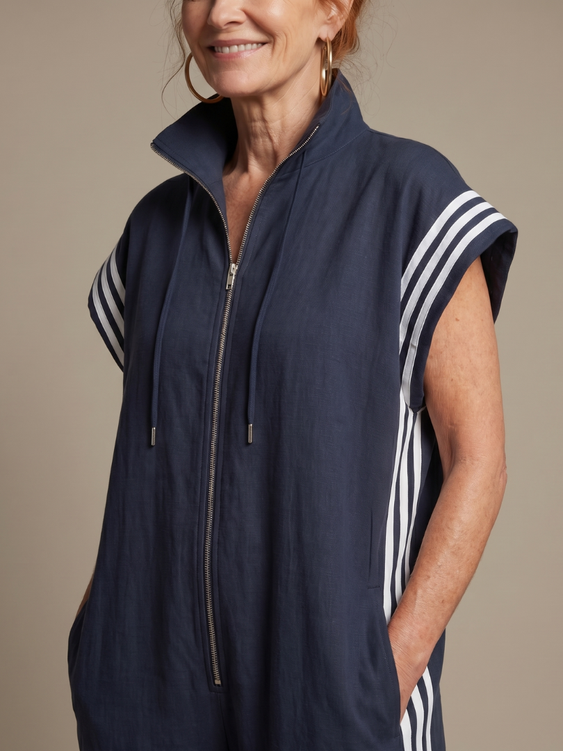 Women's Retro Zip-Up Jumpsuit with Side Stripes