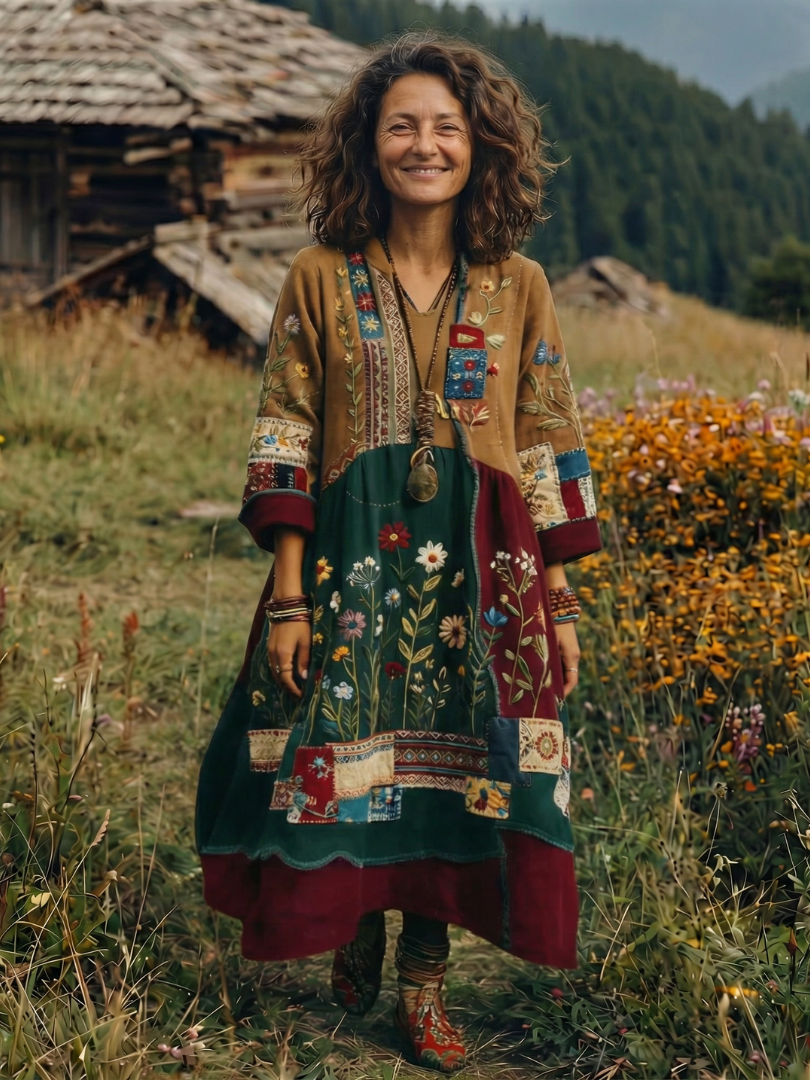 Women's Bohemian Floral Print Long Sleeve Midi Dress