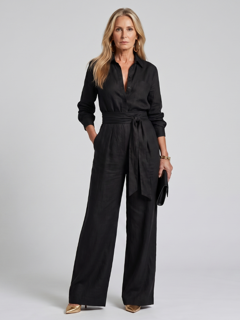 Women's Long Sleeve Button Front Wide Leg Jumpsuit