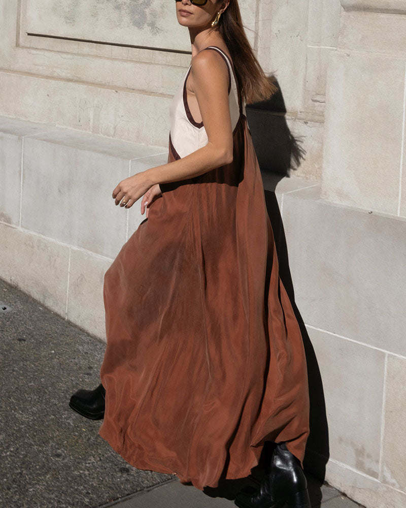 Women's Chic V-Neck Dress with Contrasting Color Detailing