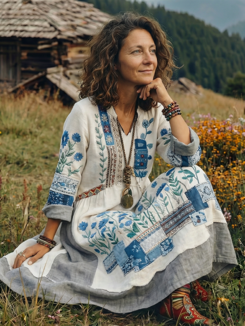 Women's Bohemian Floral Print Long Sleeve Midi Dress