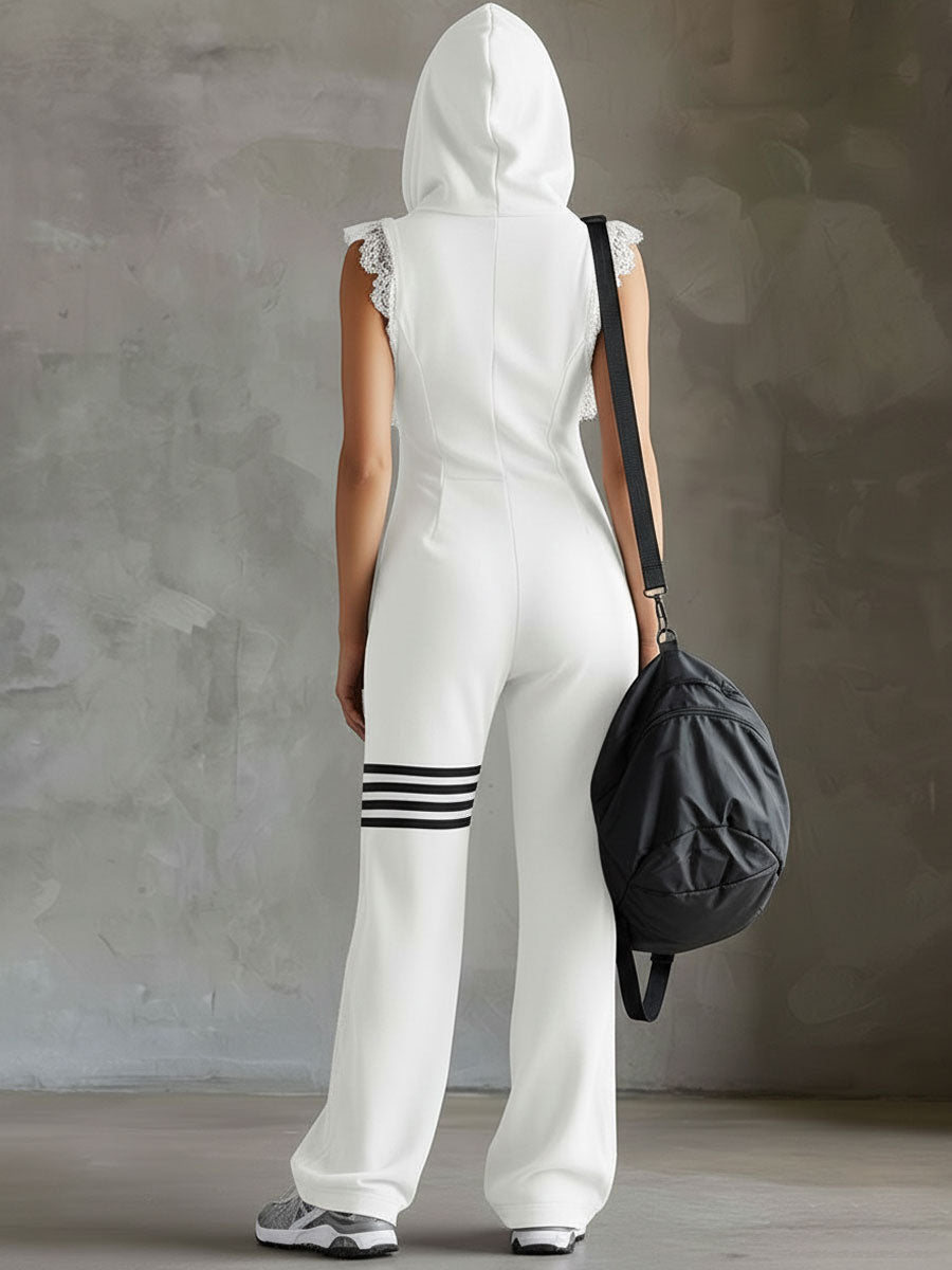 Women's Zip Front Wide Leg Jumpsuit with Sporty Stripe Detail