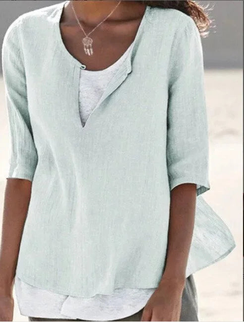 Women’s Relaxed Layered-Look Blouse with V-Notch Neckline