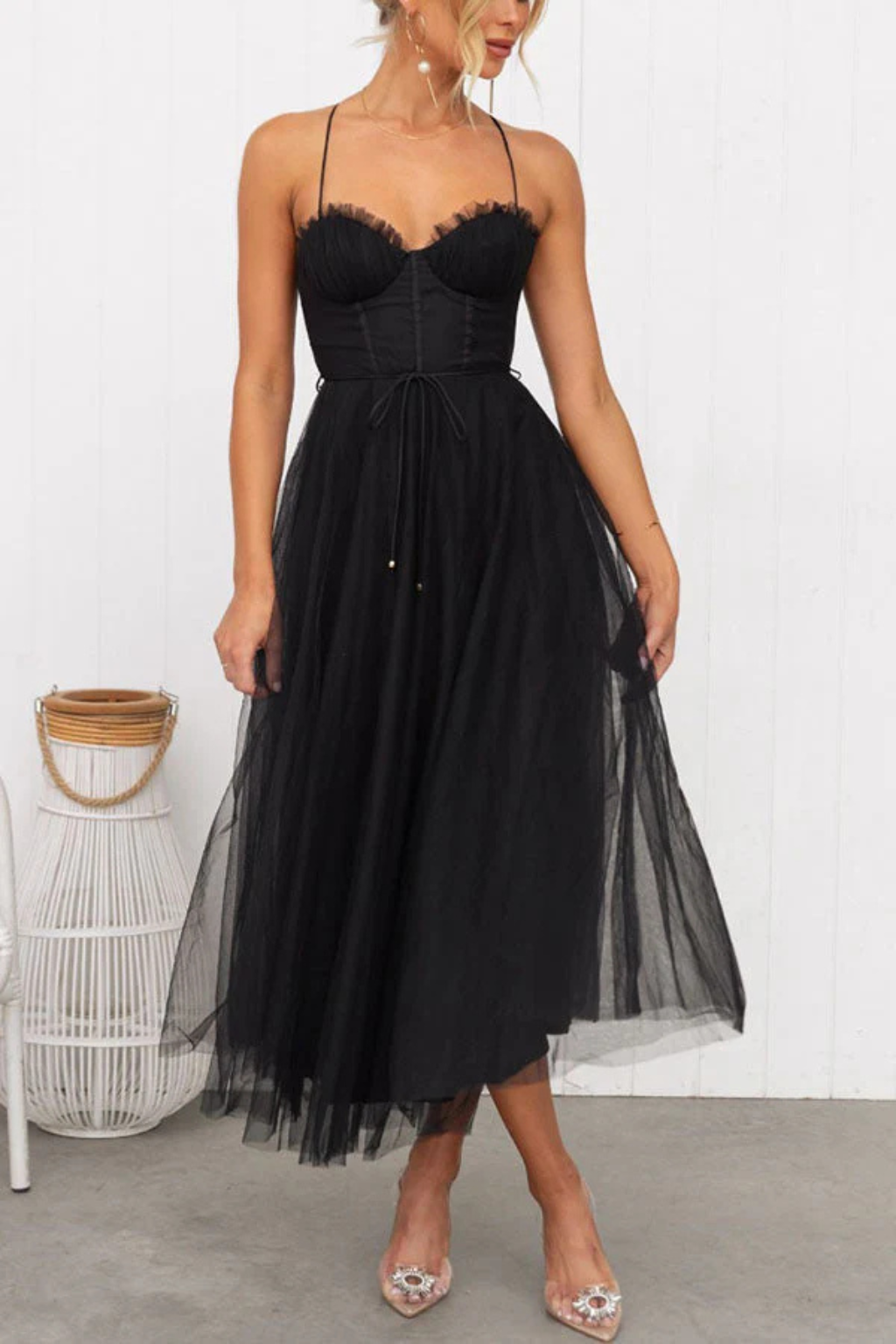 Women’s Sweetheart Neck Tulle Midi Dress