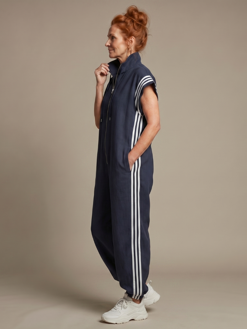 Women's Retro Zip-Up Jumpsuit with Side Stripes