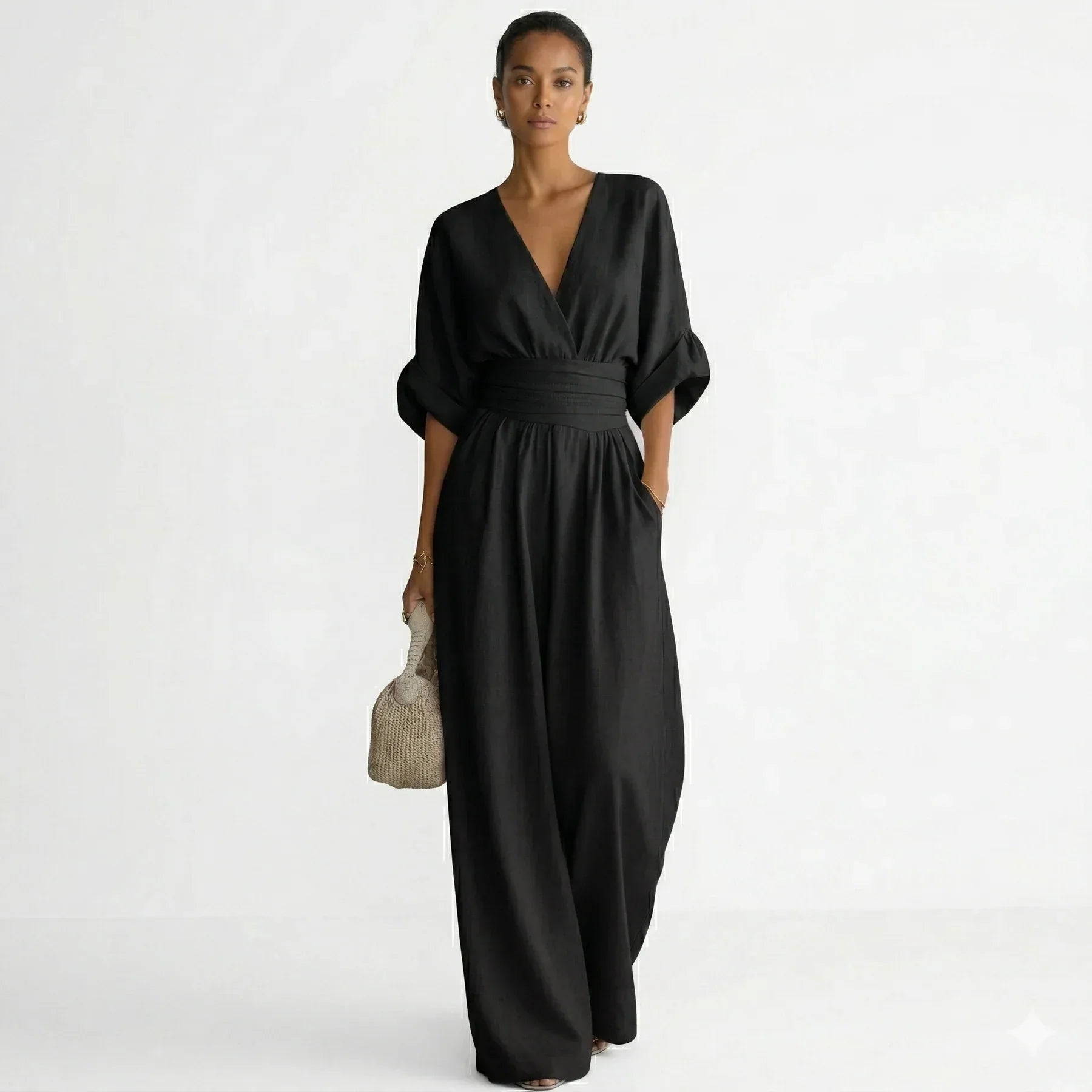 Women’s Wide Leg Jumpsuit with V-Neck and Draped Waist