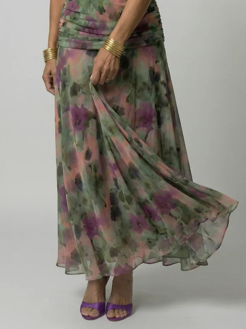Women's Floral Mesh Maxi Dress with Ruched Bodice