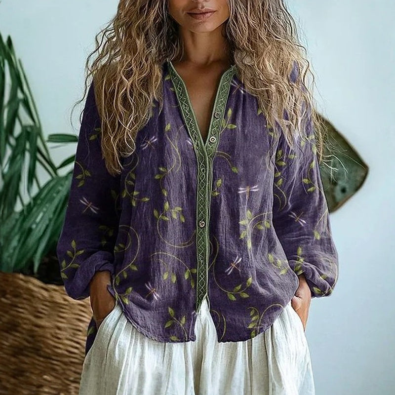Women's Vintage Floral Print V-Neck Blouse