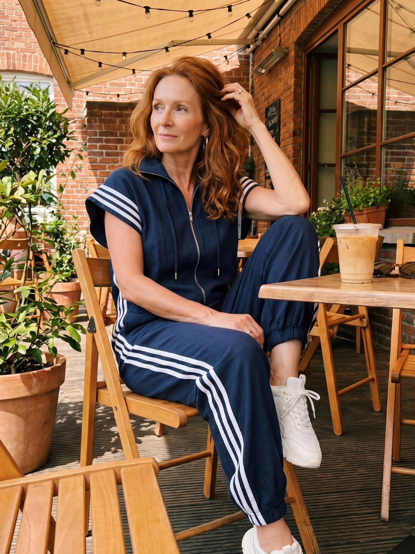 Women's Retro Zip-Up Jumpsuit with Side Stripes