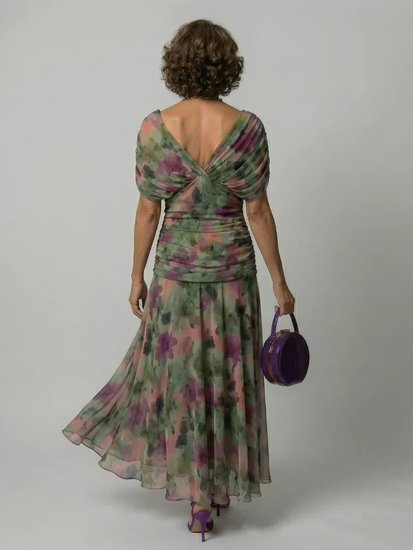 Women's Floral Mesh Maxi Dress with Ruched Bodice