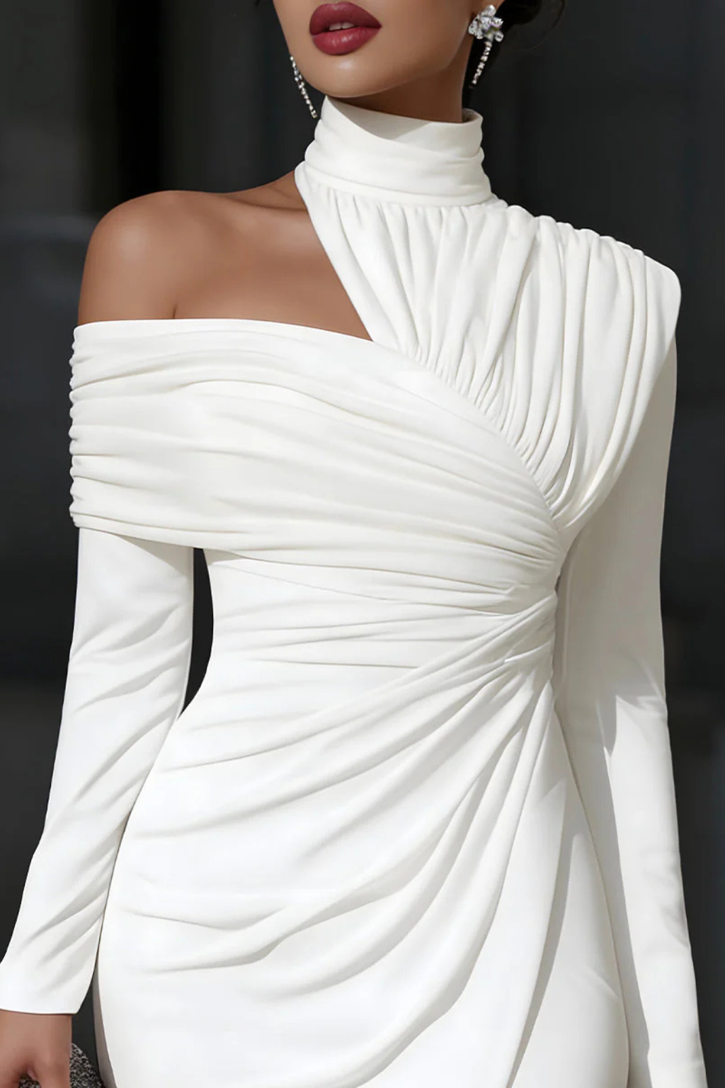 One-Shoulder Ruched Midi Dress for Women with Bodycon Silhouette