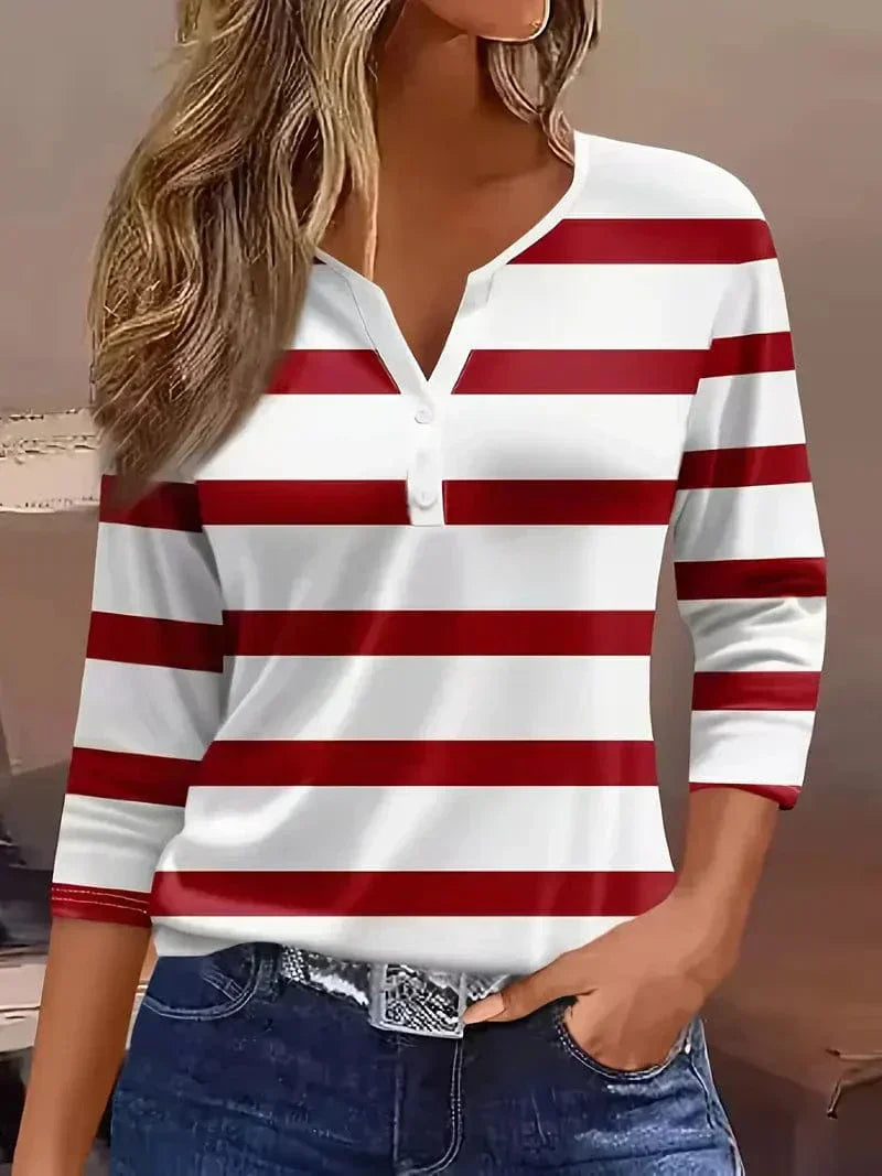 Women's Striped V-Neck Top with 3/4 Sleeves