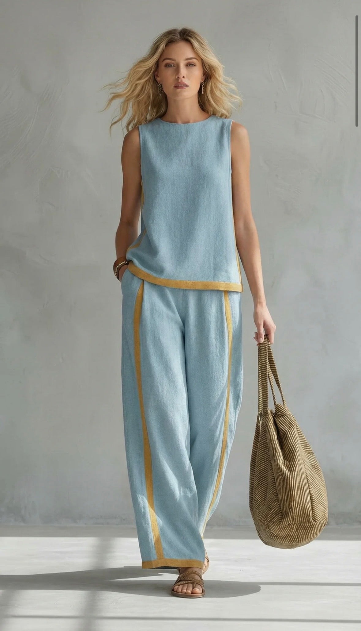 Women's Gold Trim Sleeveless Co-Ord Set with Wide-Leg Trousers