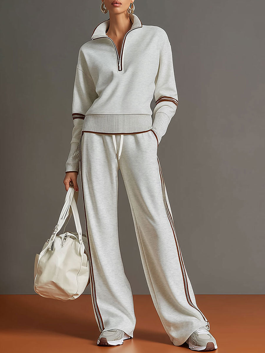 Women's Half-Zip Collared Sweatshirt & Wide-Leg Trouser Set