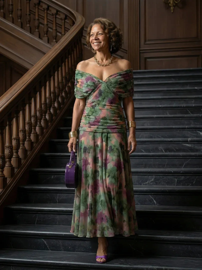Women's Floral Mesh Maxi Dress with Ruched Bodice