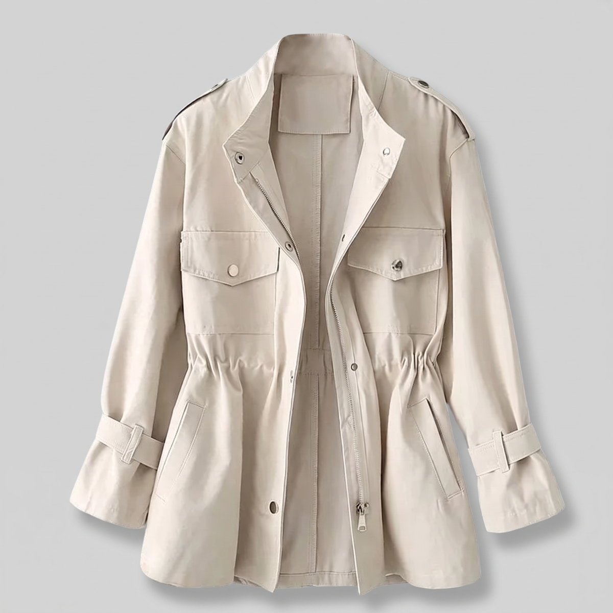 Women's Button-Up Casual Jacket with Drawstring Waist