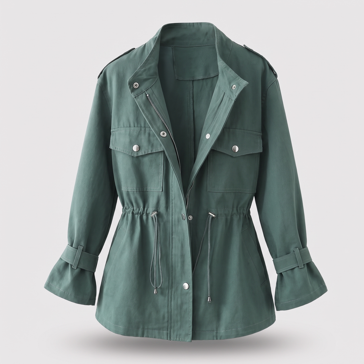 Women's Button-Up Casual Jacket with Drawstring Waist