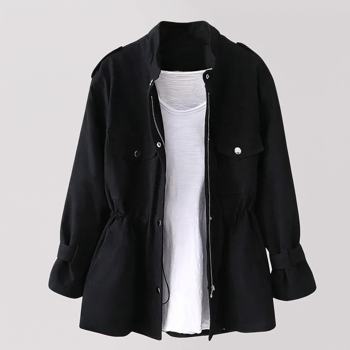 Women's Button-Up Casual Jacket with Drawstring Waist