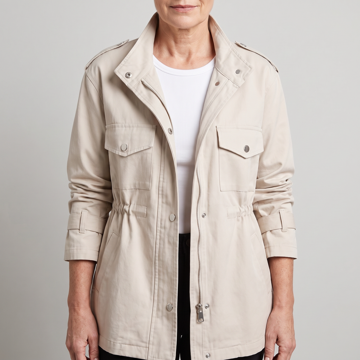 Women's Button-Up Casual Jacket with Drawstring Waist