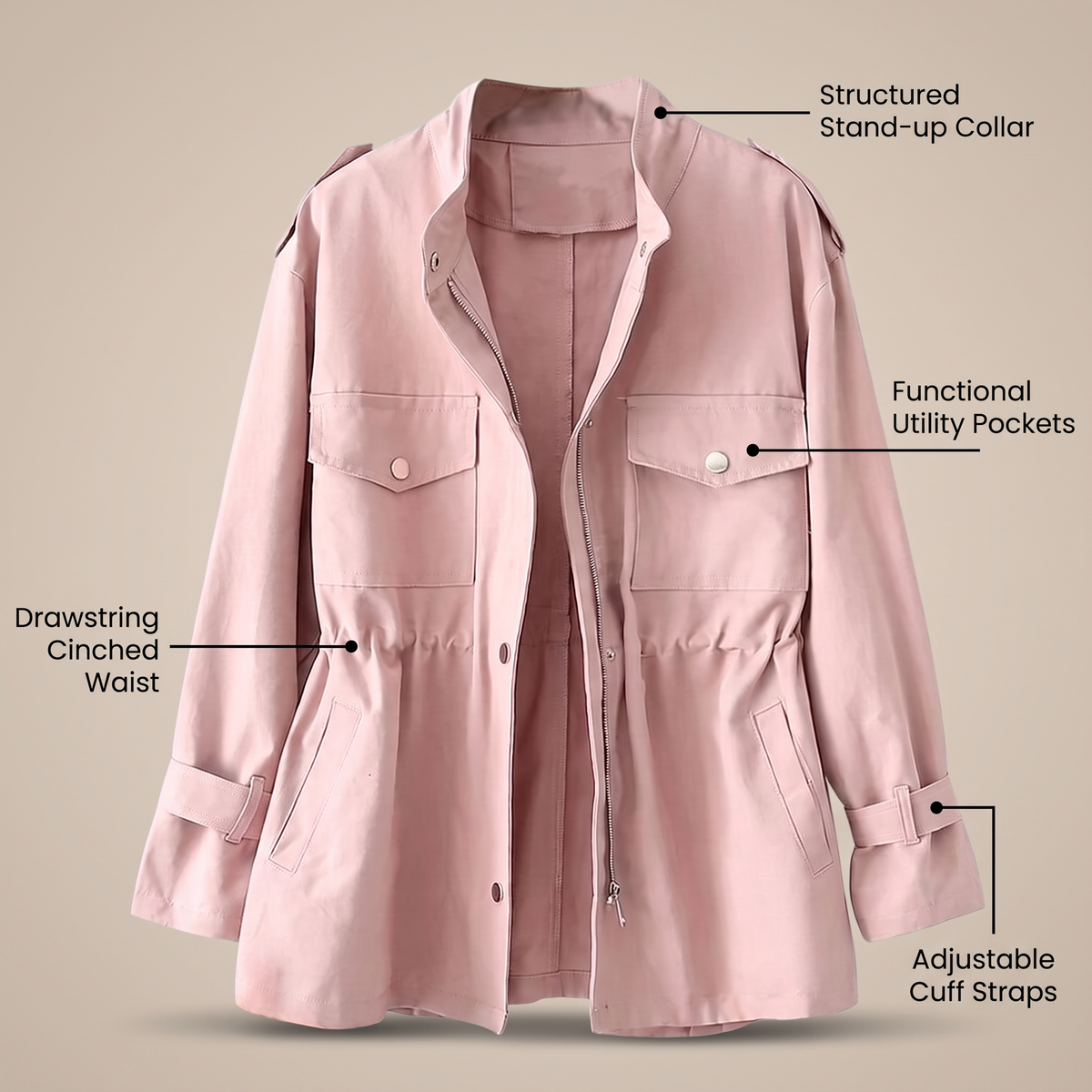 Women's Button-Up Casual Jacket with Drawstring Waist