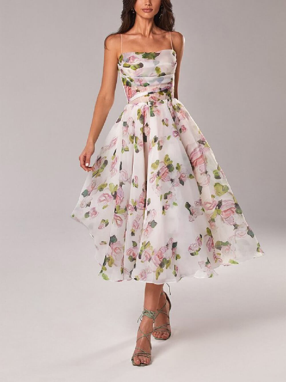 Women’s Strapless Floral Midi Dress with Flowy A-Line Skirt