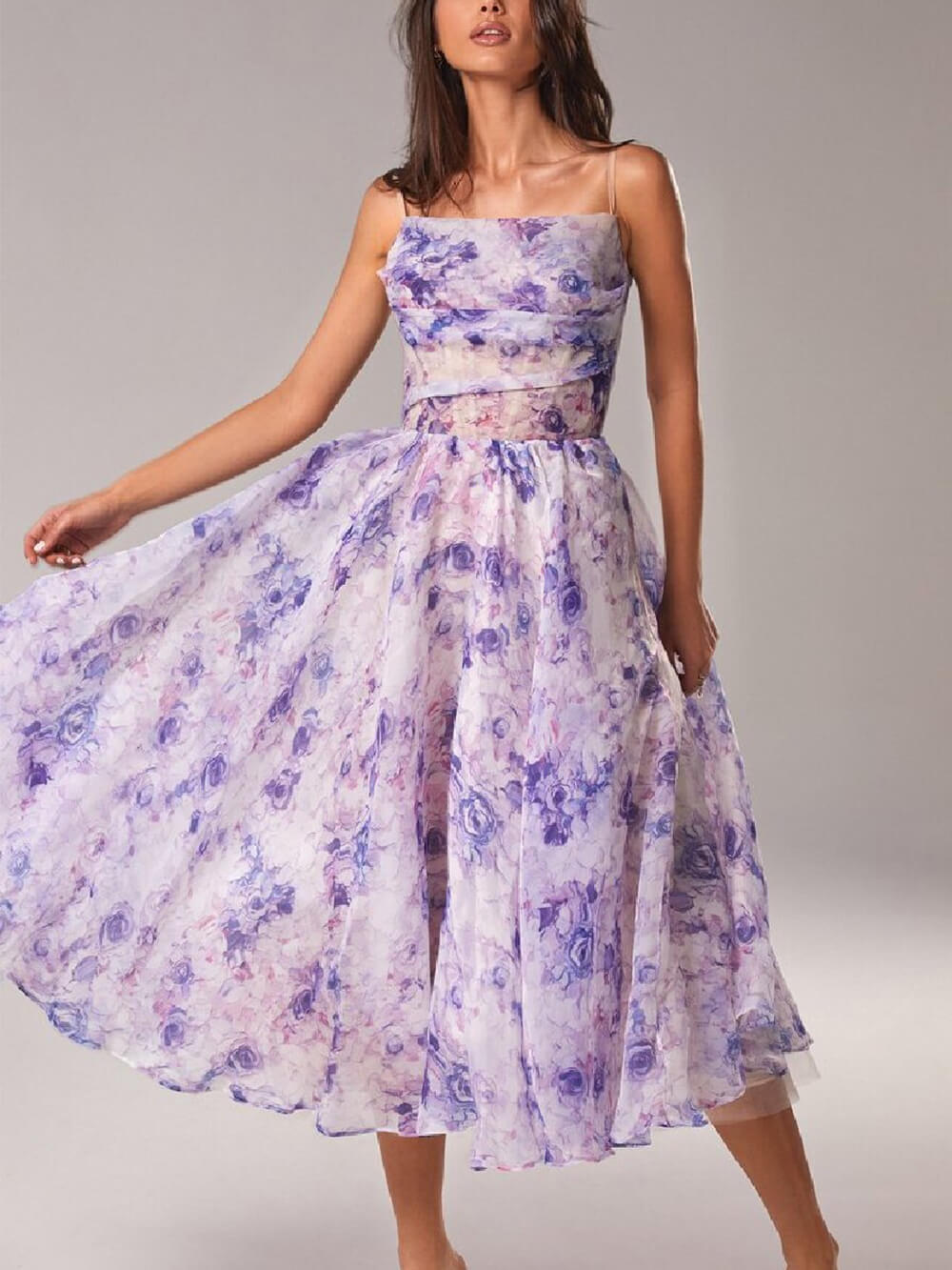 Women’s Strapless Floral Midi Dress with Flowy A-Line Skirt