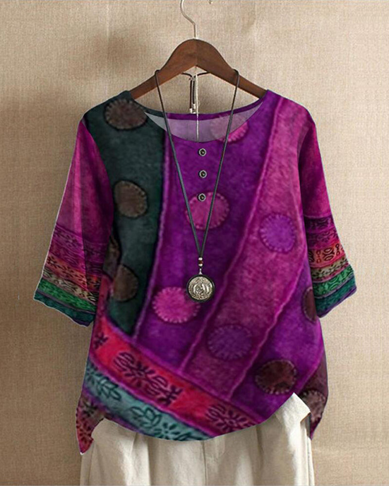 Women's Vintage Bohemian Patchwork Print Relaxed Tunic Top