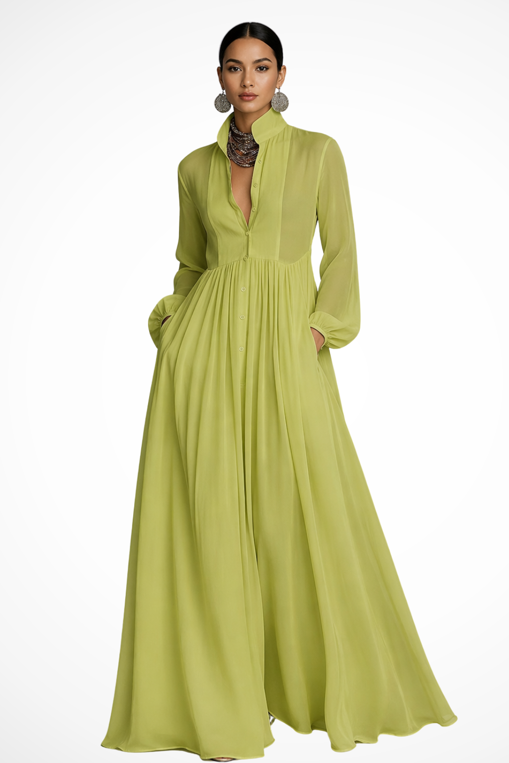 Women's Long Sleeve Button Maxi Dress with Pockets