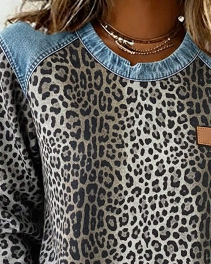 Women's Leopard Print Denim Patchwork Sweatshirt