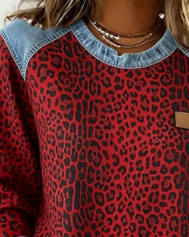 Women's Leopard Print Denim Patchwork Sweatshirt