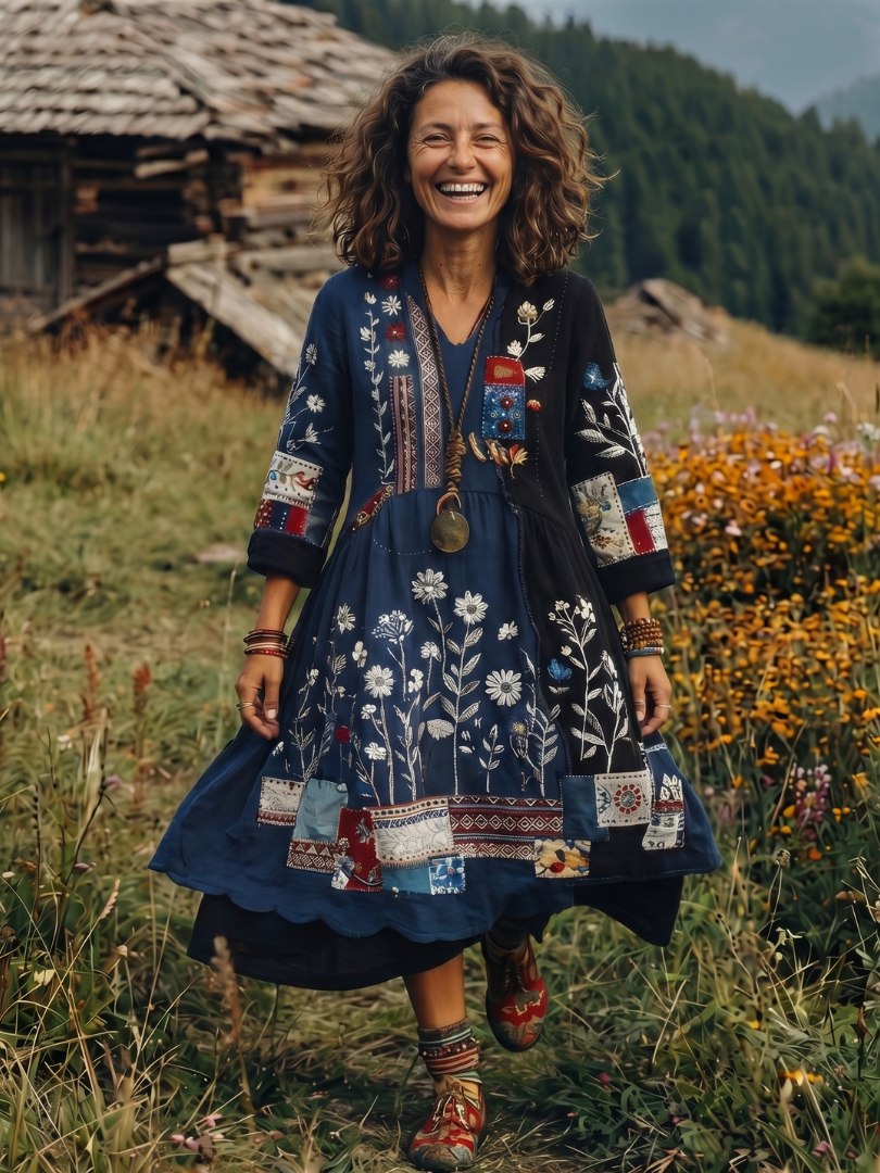 Women's Bohemian Floral Print Long Sleeve Midi Dress