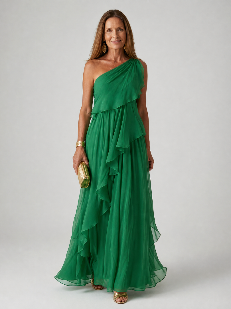 Women’s One Shoulder Maxi Dress with Layered Ruffle Skirt