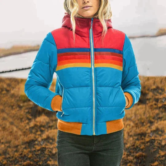 Women's Retro Rainbow Stripe Puffer Jacket