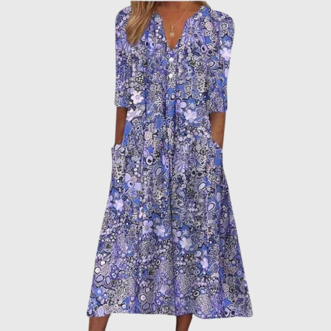 Women's Vintage Floral Print V-Neck Midi Dress