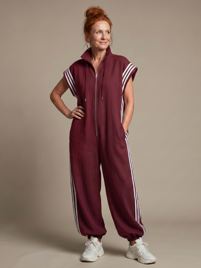 Women's Retro Zip-Up Jumpsuit with Side Stripes