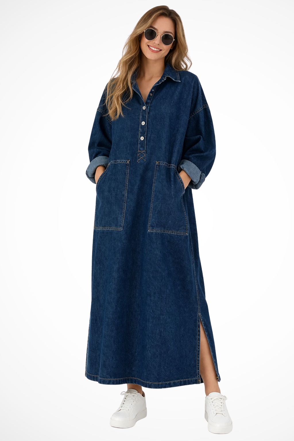 Women’s Oversized Denim Shirt Maxi Dress with Button Front
