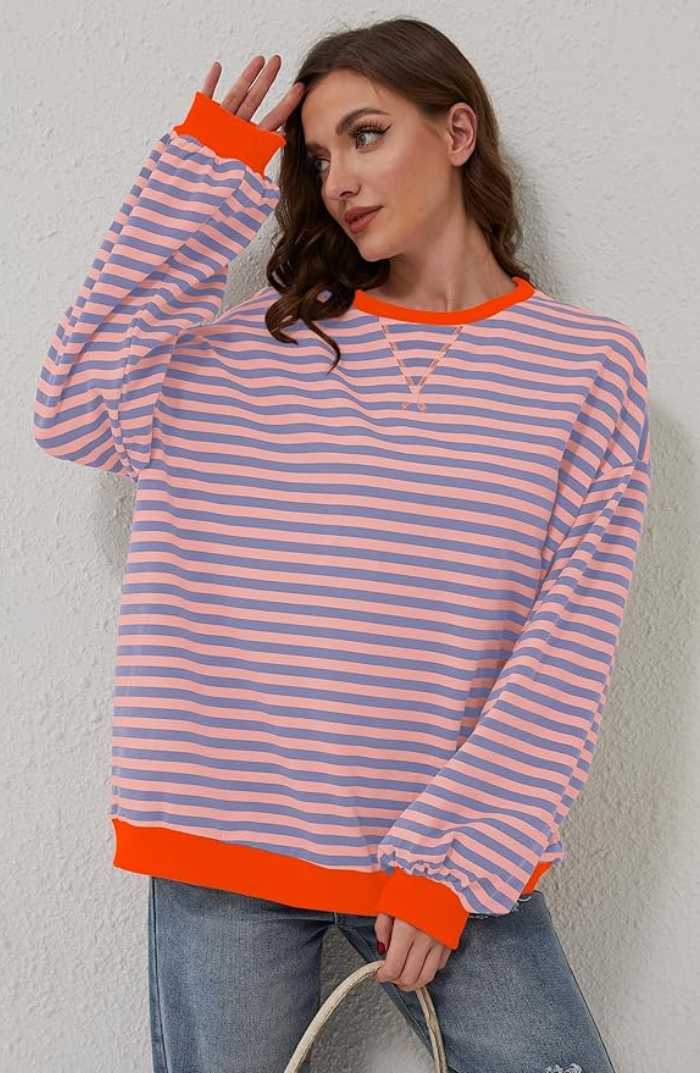 Women's Oversized Striped Crew Neck Sweatshirt