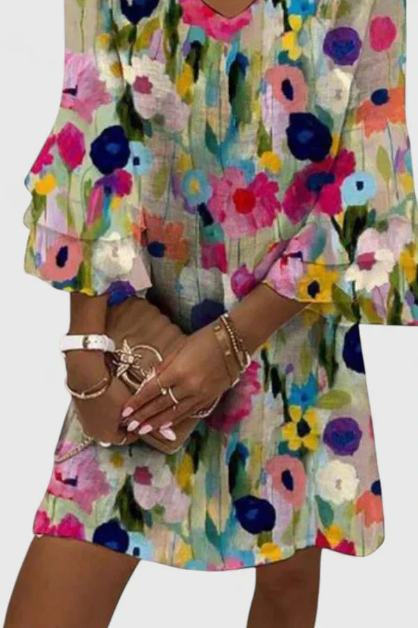 Women’s Floral Mini Dress with Flared Sleeve Design