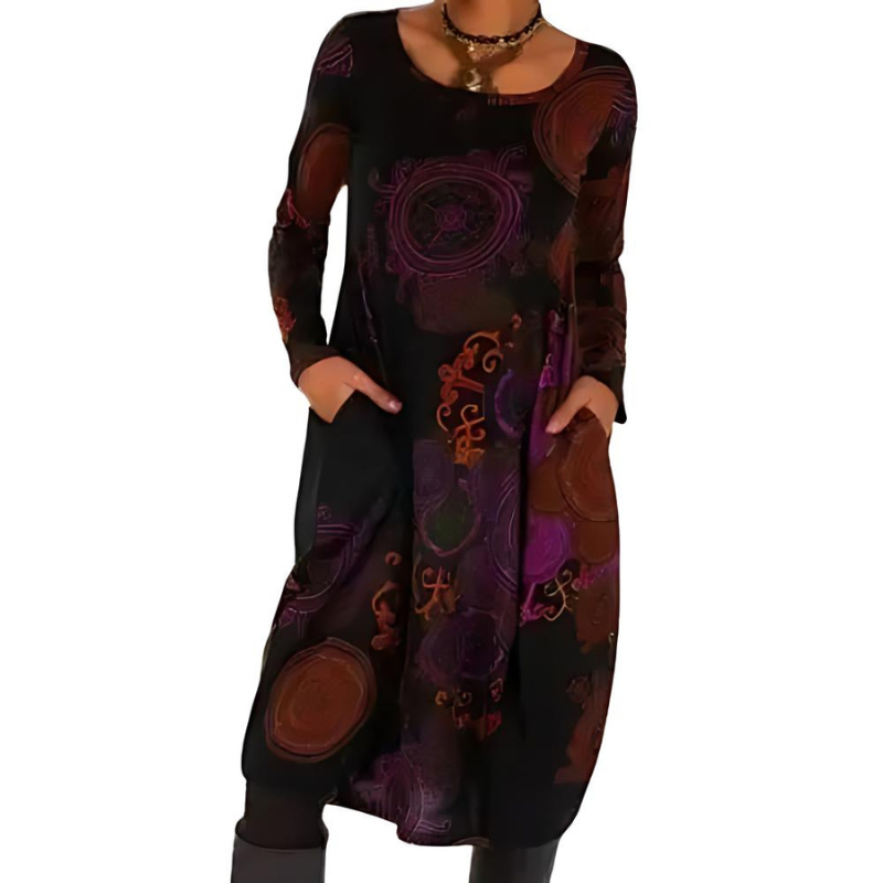 Women's Bohemian Abstract Print Midi Dress with Pockets