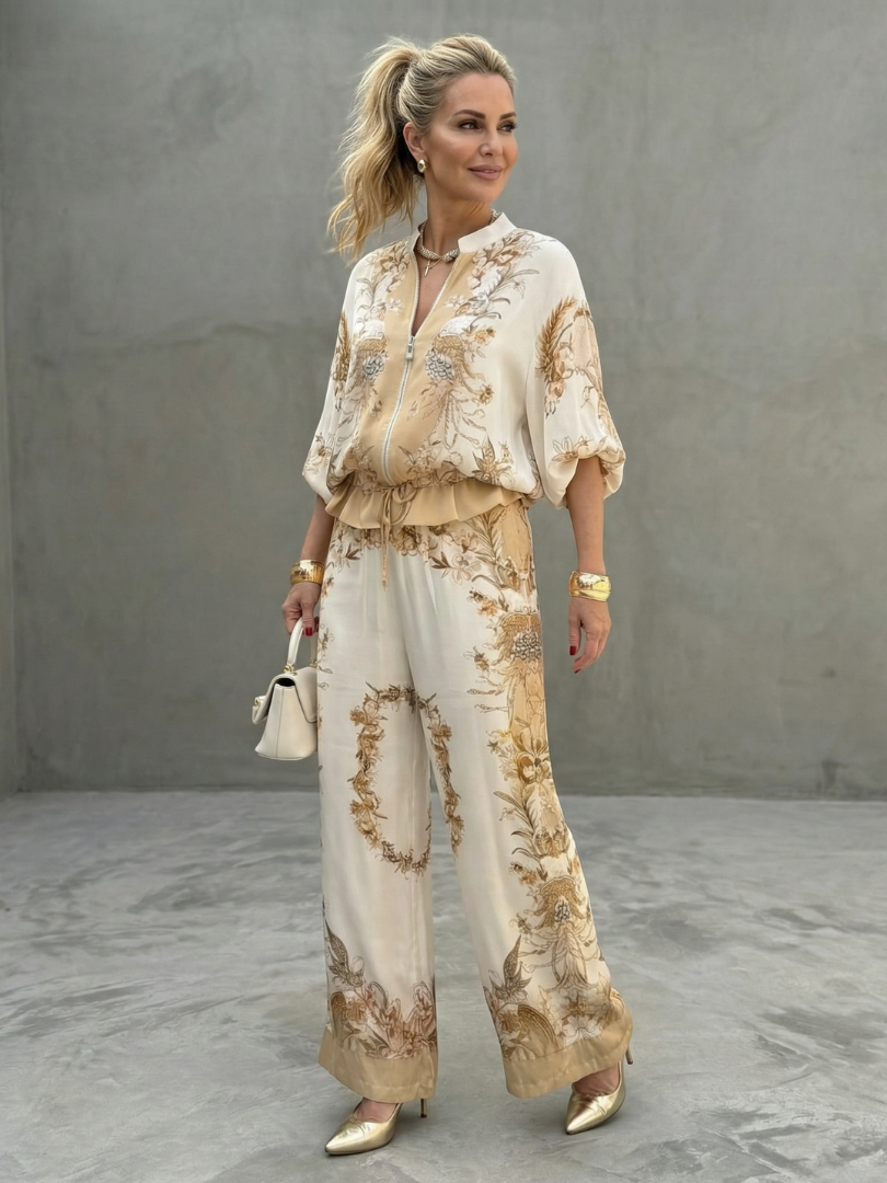 Women's Printed Zip Front Blouson Two Piece Set