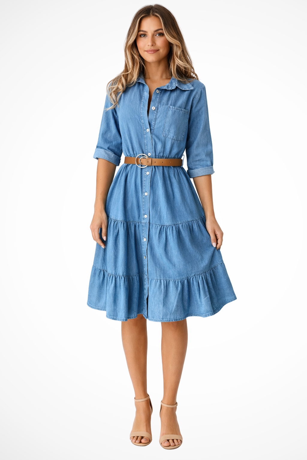 Women’s Button-Up Tiered Midi Dress for Casual Chic Everyday Elegance