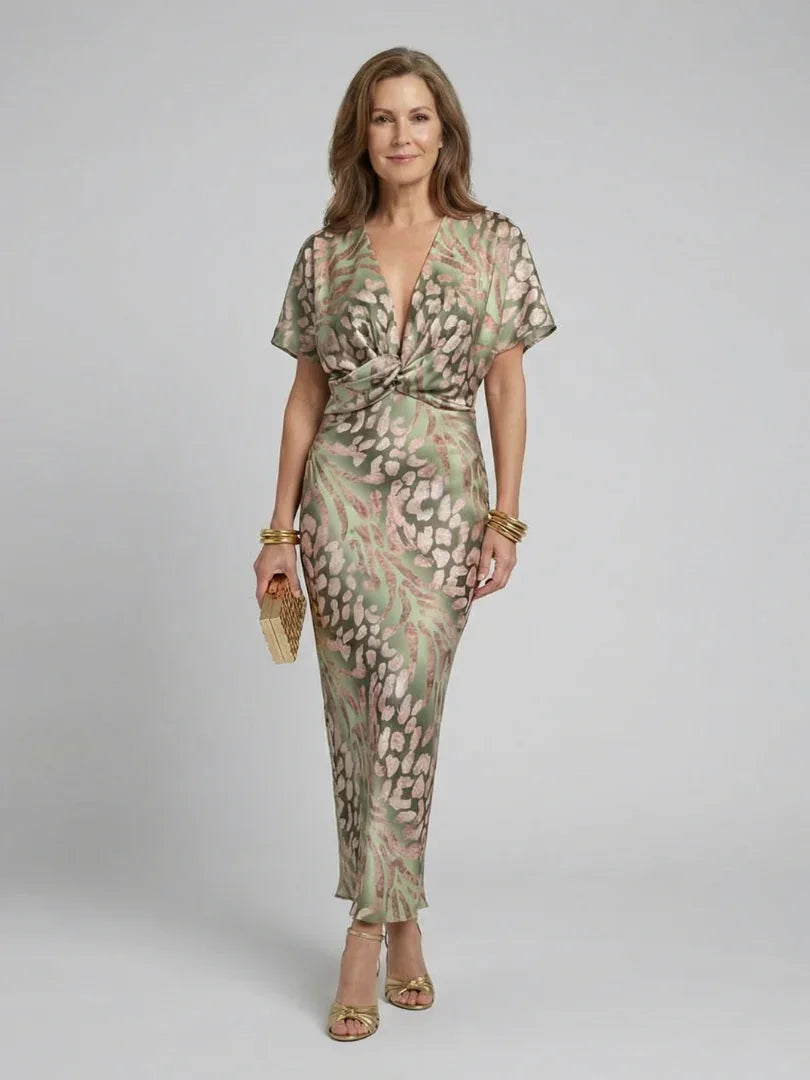 Women's Printed Twist Front Maxi Dress with Flutter Sleeves